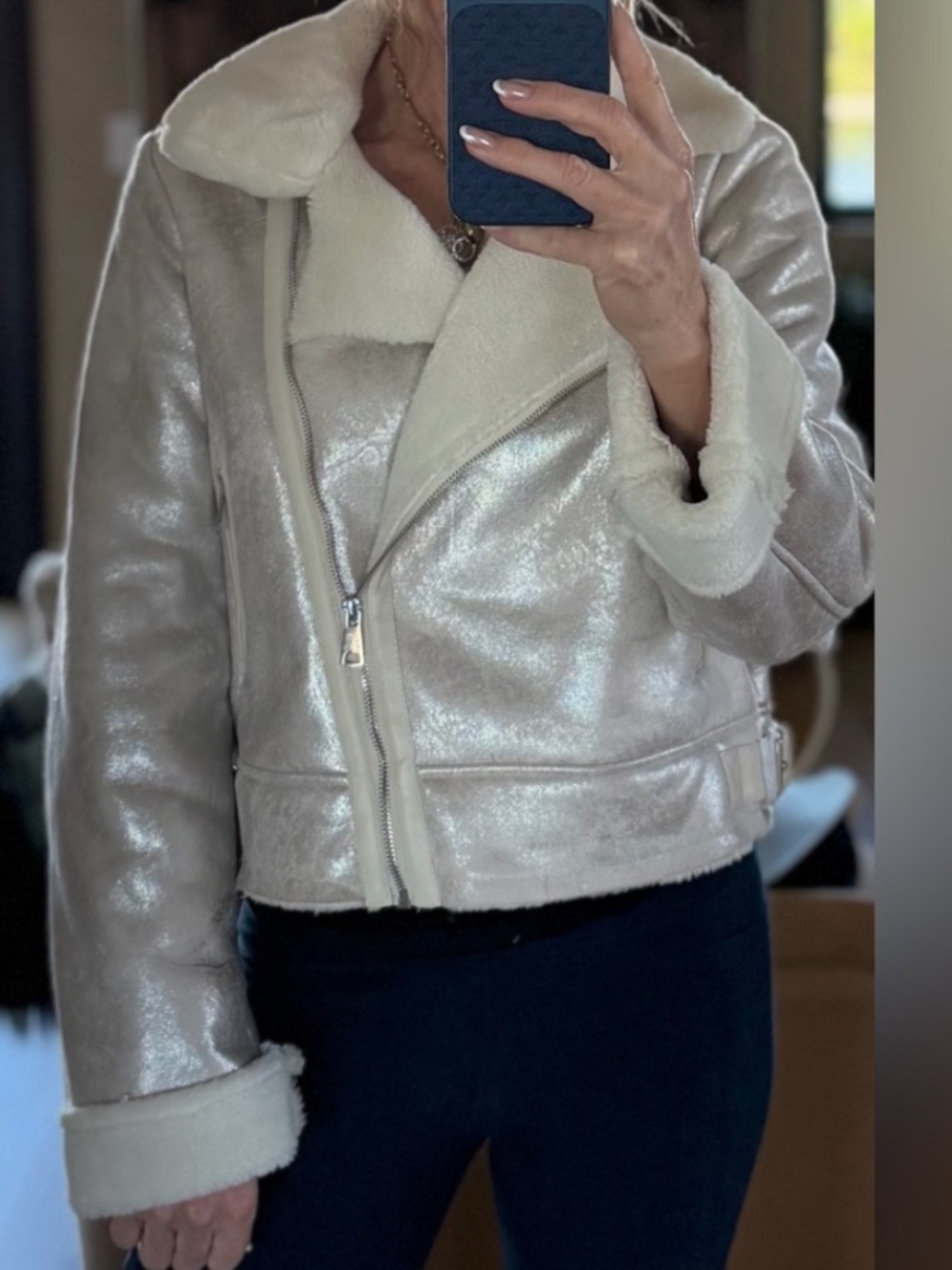 Women's Cream Shearling Bomber Jacket